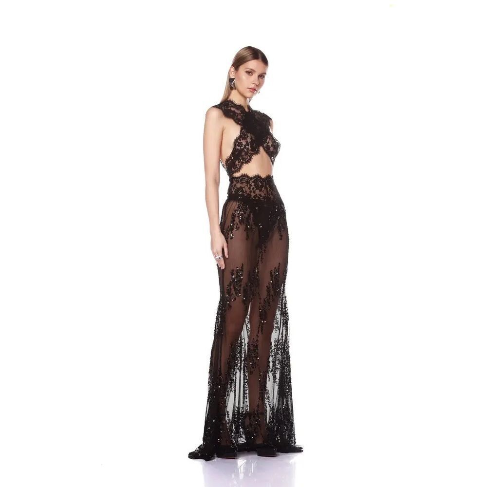 NWOT BRONX AND BANCO Naia Chic Black Lace Sheer Cutout Gown - Picture 4 of 12